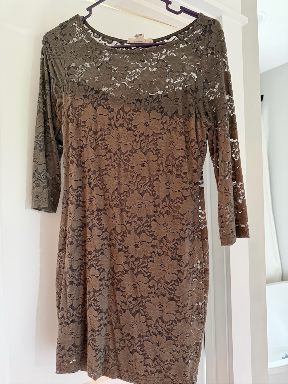 Lace Overlay Sheath Dress in Olive Brown